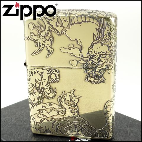 Zippo 日系~龍虎圖案設計-五面連續蝕刻加工(黃銅燻黑鏡面款)