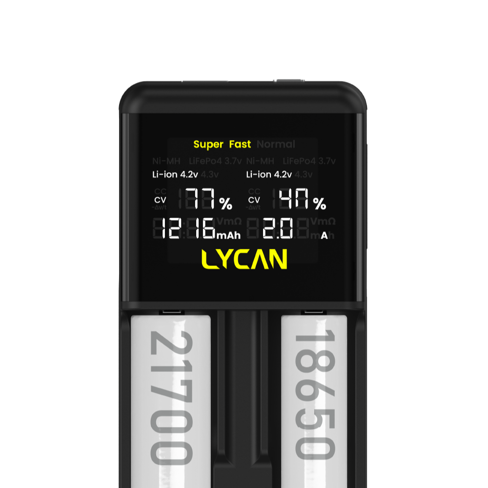 LYCAN 潛行者 L2 Ultra 雙槽疾速電池充電器-6A高度快充 可逆向做為行動電源 鋰電池 支援多種型號18650 21700 26650