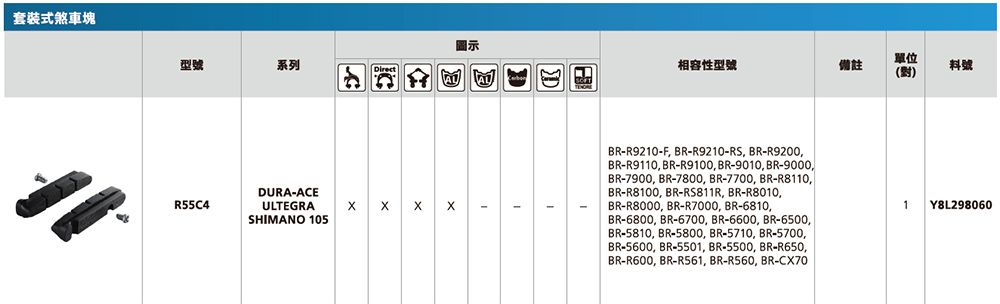 套裝式煞車塊圖示單位相容性型號備註()料號DURAACER55C4ULTEGRA   SHIMANO 105BRR9210-F BR-R9210-RS BR-R9200BR-R9110 BR-R9100 BR-9010 BR-9000,BR-7900, BR-7800, BR-7700, BR-R8110,BR-R8100, BR-RS811R, BR-R8010,BR-R8000, BR-R7000, BR-6810,BR-6800, BR-6700, BR-6600, BR-6500,BR-5810, BR-5800, BR-5710, BR-5700,BR-5600, BR-5501, BR-5500, BR-R650,BR-R600, BR-R561, BR-R560, BR-CX701Y8L298060型號系列