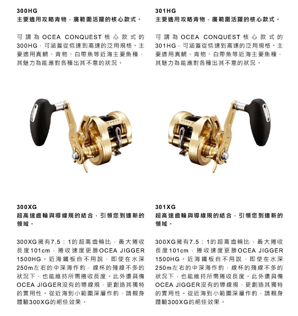 300HG主要適用攻略青物廣範圍活躍的核心款式。為OCEA CONQUEST核心款式的300HG,可涵蓋從低速到高速的泛用規格。主要適用真鯛、青物、白帶魚等近海主要魚種,其魅力為能應對各種出其不意的狀況。301HG主要適用攻略青物,廣範圍活躍的核心款式。為 OCEA CONQUEST核心款式的301HG,可涵蓋從低速到高速的泛用規格。主要適用真鯛、青物、白帶魚等近海主要魚種,其魅力為能應對各種出其不意的狀況。300XG超高速齒輪與導線規的結合,引領您到達新的領域。300XG擁有7.5:1的超高齒輪比,最大捲收長度101cm,捲收速度更勝 OCEA JIGGER1500HG。近海鐵板自不用說,即使在水深250m左右的中深海作,線杯的殘線不多的狀況下,也能維持所需捲收長度。此外還具備OCEA JIGGER沒有的導線規,更創造其獨特的實用性。從近海到小範圍深層作,請親身體驗300XG的絕佳效果。301XG超高速齒輪與導線規的結合,引領您到達新的領域。300XG擁有7.5:1的超高齒輪比,最大捲收長度101cm,捲收速度更勝 OCEA JIGGER1500HG。近海鐵板自不用說,即使在水深250m左右的中深海作釣,線杯的殘線不多的狀況下,也能維持所需捲收長度。此外還具備OCEA JIGGER沒有的導線規,更創造其獨特的實用性。從近海到小範圍深層作釣,請親身體驗300XG的絕佳效果。