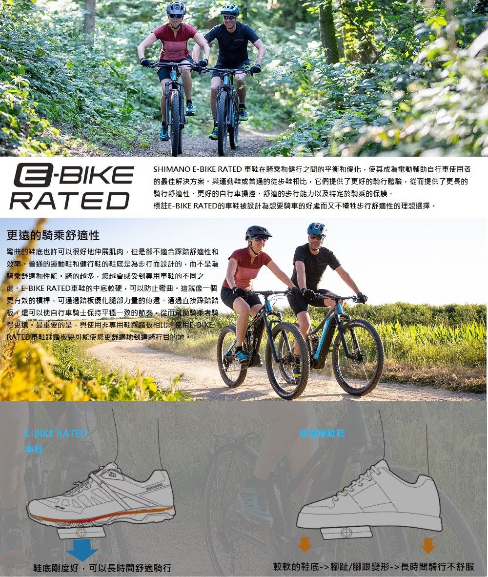 BIKERATEDSHIMANO E-BIKE RATED 鞋在騎乘和健行之間的平衡和優化使其成為電動輔助自行車使用者的最佳解決方案與運動鞋或普通的徒步鞋相比,它們提供了好的騎行體驗,從而提供了更長的騎行舒適性、更好的自行車操控、舒適的步行能力以及特定於騎乘的保護。標註E-BIKE RATED的車鞋被設計為想要騎車的好處而又不犧牲步行舒適性的理想選擇。更遠的騎乘舒適性彎曲的鞋底也許可以很好地伸展肌肉,但是卻不適合踩踏舒適性和效率。普通的運動鞋和健行鞋的鞋底是為步行而設計的,而不是為騎乘舒適和性能。騎的越多,您越會感受到專用車鞋的不同之處。E-BIKE RATED車鞋的中底較硬,可以防止彎曲。這就像一個更有效的槓桿,可通過踏板優化腿部力量的傳遞。通過直接踩踏踏板,還可以使自行車騎士保持平穩一致的節奏,從而幫助騎乘者騎得更遠。最重要的是,與使用非專用鞋踩踏板相比,使用E-BIKE-RATED車鞋踩踏板更可能使您更舒適地到達騎行目的地E-BIKE RATED車鞋運動鞋鞋底剛度好,可以長時間舒適行較軟的鞋底alt=