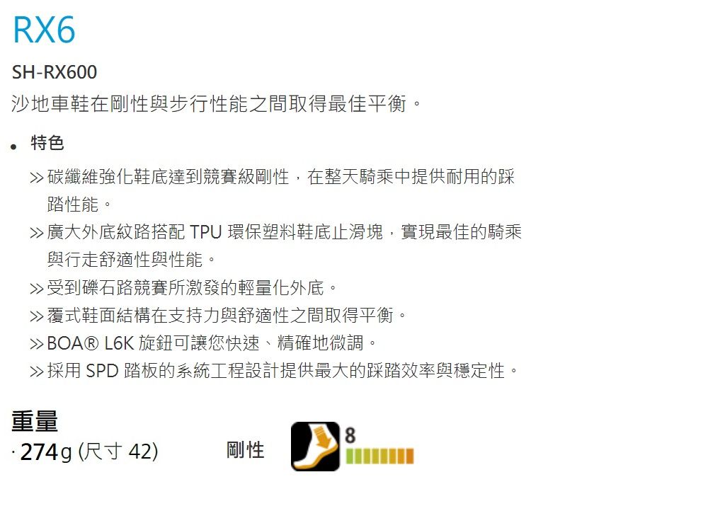RX6SH-RX600沙地車鞋在剛性與步行性能之間取得最佳平衡。特色碳纖維強化鞋底達到競賽級剛性,在整天騎乘中提供耐用的踩踏性能。廣大外底紋路搭配  環保塑料鞋底止滑塊,實現最佳的騎乘與行走舒適性與性能。受到礫石路競賽所激發的輕量化外底。覆式鞋面結構在支持力與舒適性之間取得平衡。BOA® L6K 旋鈕可讓您快速、精確地微調。採用 SPD 踏板的系統工程設計提供最大的踩踏效率與穩定性。重量274g(尺寸42)剛性