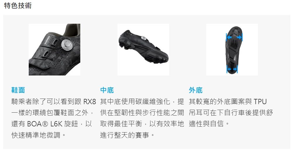 特色技術鞋面騎乘者除了可以看到 RX8一樣的環繞包覆鞋面之外,還有 BOA®  旋鈕,以快速精準地微調。中底外底其中底使用碳纖維強化, 其較寬的外底圖案與 TPU供在堅韌性與步行性能之間 吊耳可在下自行車後提供舒適性與自信。取得最佳平衡,以有效率地進行整天的賽事。
