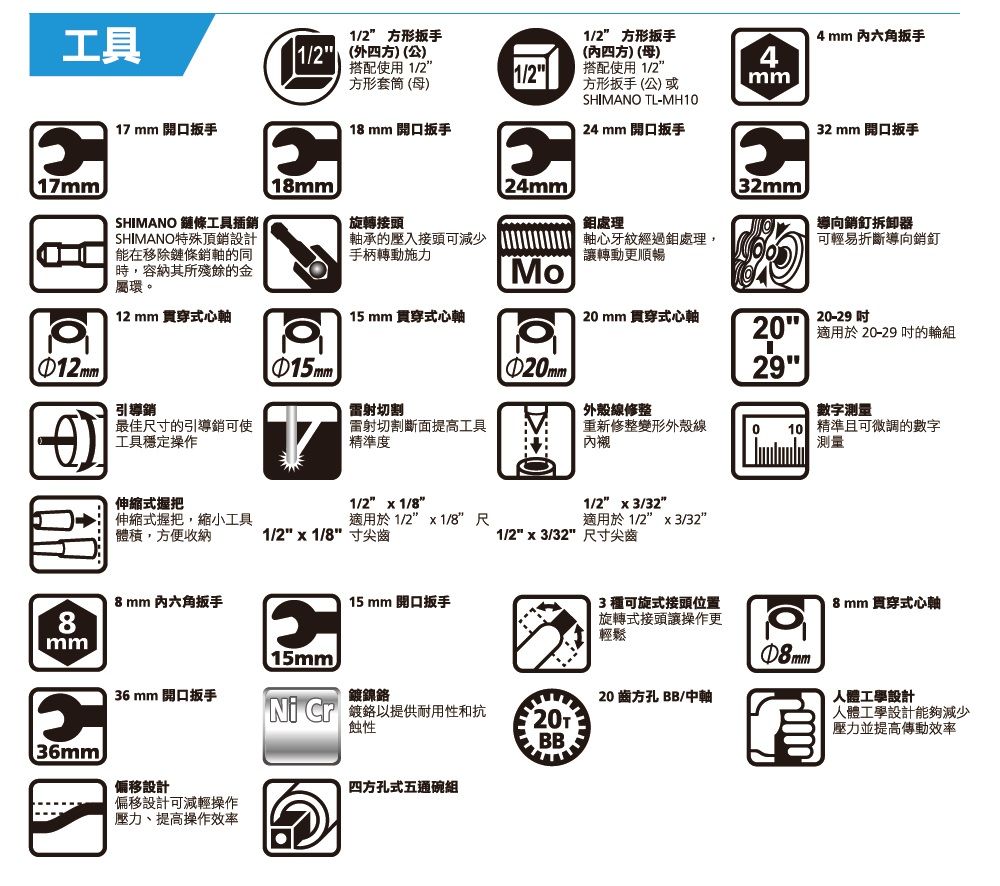 工具17 mm 開口1/2外四方公1/2 方形扳手1/2” 方形扳手4mm 六角扳手(四方(母)搭配使用 1/2方形套筒(母)1/2搭配使用1/2方形扳手(公)或SHIMA L-MH10mm18 mm 開口扳手24 mm 開口扳手32 mm 開口扳手17mm)SHIMANO 鏈條工具插銷SHIMANO特殊頂銷設計能在移除鏈條銷軸的同時,容納其所殘餘的金屬環。18mm24mm)32mm)旋轉接頭鉬處理導向銷釘拆卸器軸承的壓入接頭可減少手柄轉動施力軸心牙紋經過鉬處理,讓轉動更順暢可輕易折斷導向銷釘Mo12mm 貫穿式心軸15 mm 貫穿式心軸20mm 貫穿式心軸20-29 20 適用於20-29 的輪組①12mm①15mm①20mm T29引導銷雷射切割外殼線修整數字測量最佳寸的引導銷可使工具穩定操作雷射切割斷面提高工具精準度重新修整變形外殼線內襯10 精準且可微調的數字測量伸縮式握把1/2  1/81/2  3/32伸縮式握把,縮小工具適用於 1/2  1/8”尺適用於 1/2  3/32體積,方便收納1/2 x 1/8寸尖齒1/2 x 3/32 尺寸尖齒8mm 内六角扳手8mm15 mm 開口扳手3種可旋式接頭位置旋轉式接頭讓操作更輕鬆8mm 贯穿式心軸(15mm)①8mm36 mm 開口扳手鎳鉻20齒方孔 BB/中軸NO  鍍鉻以提供耐用性和抗20T蝕性人體工學設計人體工學設計能夠減少壓力並提高傳動效率BB(偏移設計四方孔式五通碗組偏移設計可減輕操作壓力、提高操作效率