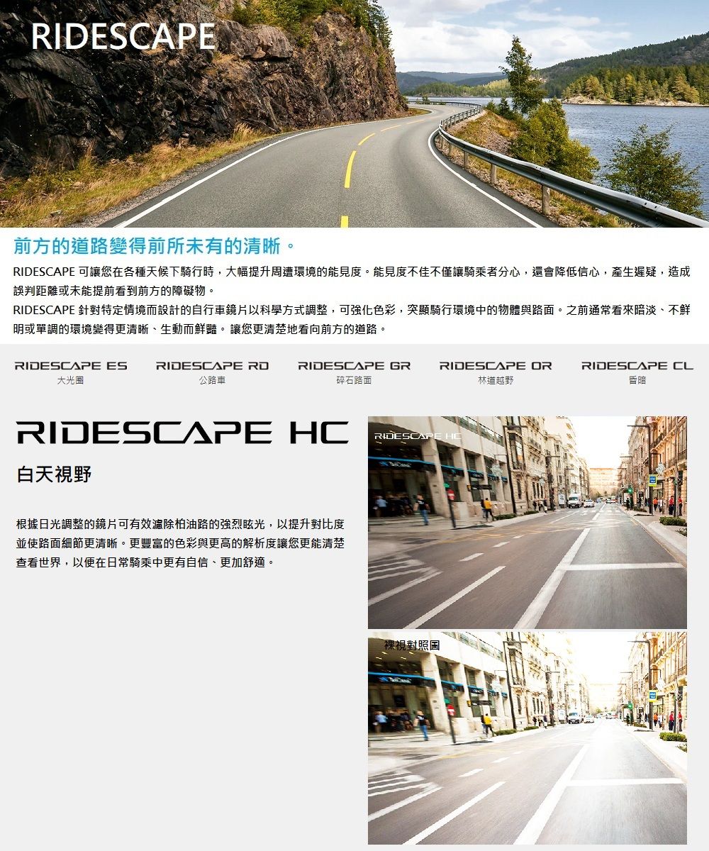 RIDESCAPE前方的道路變得前所未有的清晰。RIDESCAPE 可讓您在各種天候下騎行時,大幅提升周遭環境的能見度。能見度不佳不僅讓騎乘者分心,還會降低信心,產生遲疑,造成誤判距離或未能提前看到前方的障礙物。RIDESCAPE 針對特定情境而設計的自行車鏡片以科學方式調整,可強化色彩,突顯騎行環境中的物體與路面。之前通常看來暗淡、不明或單調的環境變得更清晰、生動而鮮豔。讓您更清楚地看向前方的道路。RIDESCAPE ES大光圈RIDESCAPE 公路車RIDESCAPE GR碎石路面RIDESCAPE ORRIDESCAPE CL林道越野昏暗RIDESCAPE HC白天視野根據日光調整的鏡片可有效柏油路的强烈眩光,以提升對比度並使路面細節更清晰。更豐富的色彩與更高的解析度讓您更能清楚查看世界,以便在日常騎乘中更有自信、更加舒適。RIDESCAPE 裸視對照