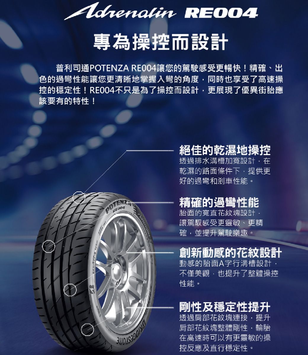 BRIDGESTONE 普利司通】POTENZA RE004 極致駕馭輪胎四入組215/45/17(安