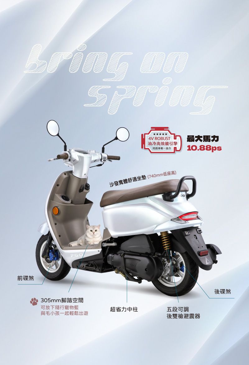 on前碟煞305mm腳踏空間4V ROBUST油冷高效能引擎同級車唯一油冷沙發寬體舒適坐墊(740mm低座高)最大馬力10.88ps可放下隨行寵物超省力中柱五段可調與毛小孩一起輕鬆出遊後雙槍避震器後碟煞