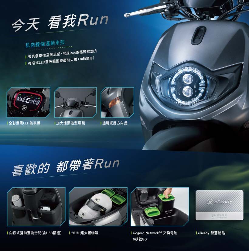 今天 看我Run肌肉線條運動車殼兼具侵略性及潮流,展現Run跑格流線魅力 侵略式LED雙魚眼藍面前大燈(18環形)全彩燻黑LED儀表板燻黑造型風鏡方向燈喜歡的 都帶著Run式雙前置物空間(含USB插槽)  26.5L超大置物箱 Gogoro NetworkT 交換電池6秒就GO 智慧鑰匙