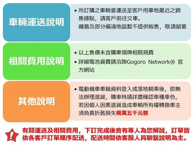 所訂購之車輛會運送至客戶用車地最近之銷售據點,請客戶前往交車。車輛運送說明離島及部分偏遠地區提供販售,敬請留意相關費用說明以上售價未含購車領牌相關規費詳細電池資費請洽詢Gogoro Network® 方網站其他說明電動機車車籍資料登入或落地騎乘後,即無法辦理退貨,購車時請詳盡確認車種車色,若因個人因素退貨造成車輛所有權轉換車主須負責折舊損失兩萬五千元整有關運送及相關費用,下訂完成後會有專人為您解說,訂單皆依各客戶訂單順序配送,配送時間依客服人員聯繫說明為主。