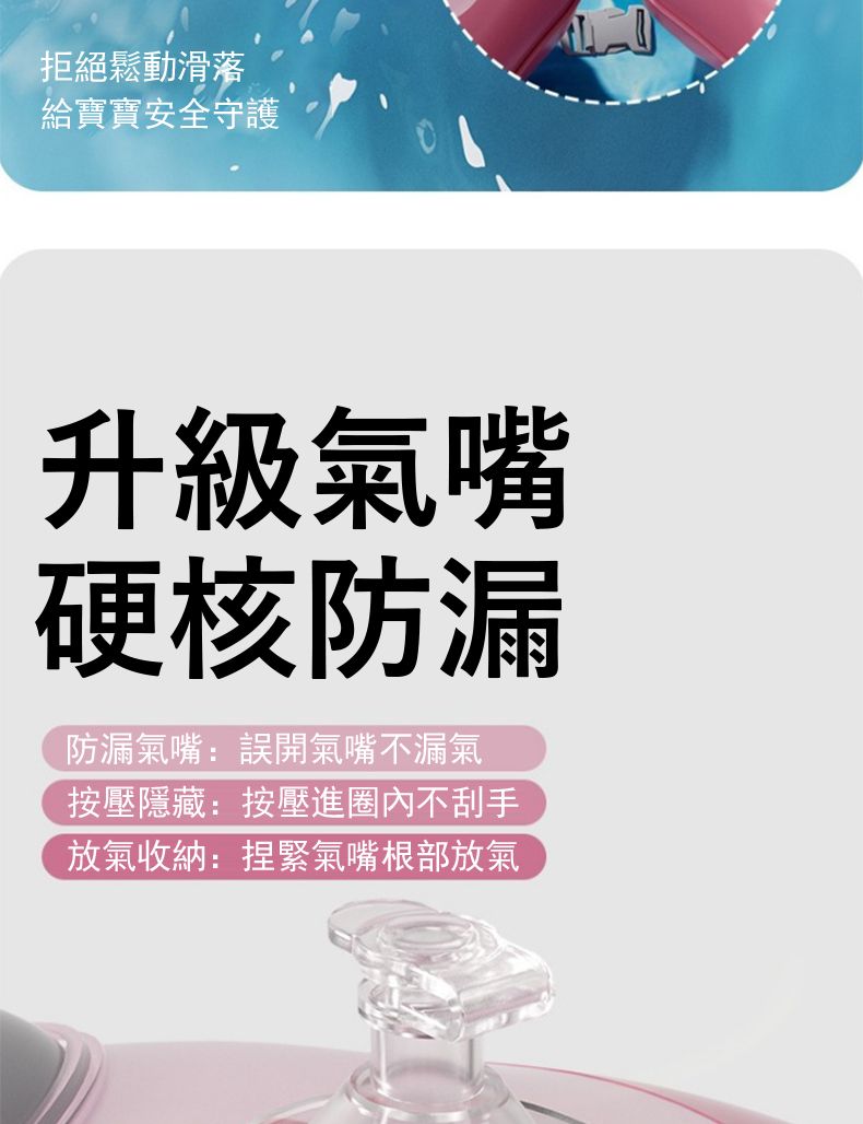 拒絕鬆動滑落給寶寶安全守護升級氣嘴硬核防漏防漏氣嘴:誤開氣嘴不漏氣按壓隱藏:按壓進圈內不刮手放氣收納:捏緊氣嘴根部放氣