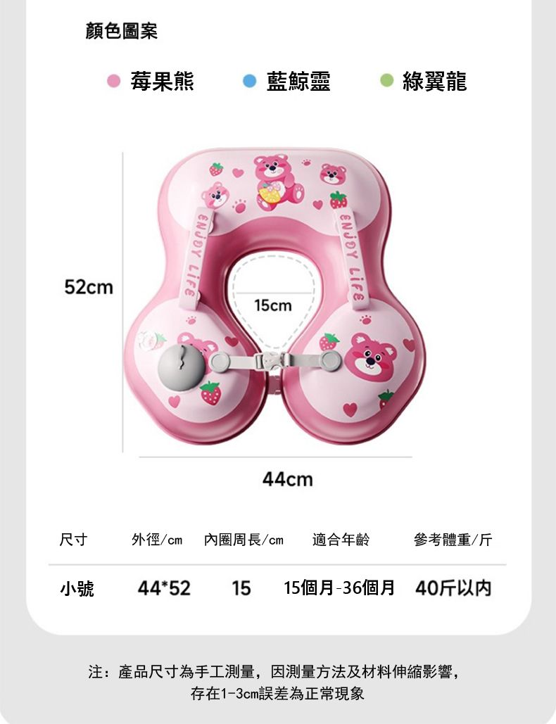 顏色圖案莓果熊藍鯨靈綠翼龍52cm LIFE15cmENJOY LIFE44cm尺寸外徑/cm 內圈周長/cm 適合年齡參考體重/斤小號 44*5215 15個月-36個月 40斤以内注:產品尺寸為手工測量,因測量方法及材料伸縮影響,存在1-3cm誤差為正常現象