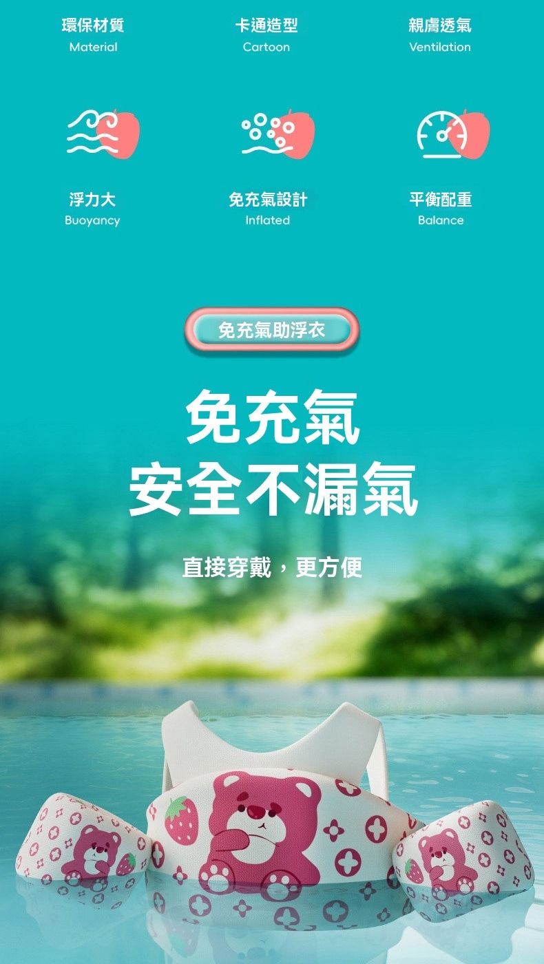 環保材質卡通造型MaterialCartoon親膚透氣Ventilation浮力大免充氣設計平衡配重BuoyancyInflatedBalance免充氣浮衣免充氣安全不漏氣直接穿戴,更方便