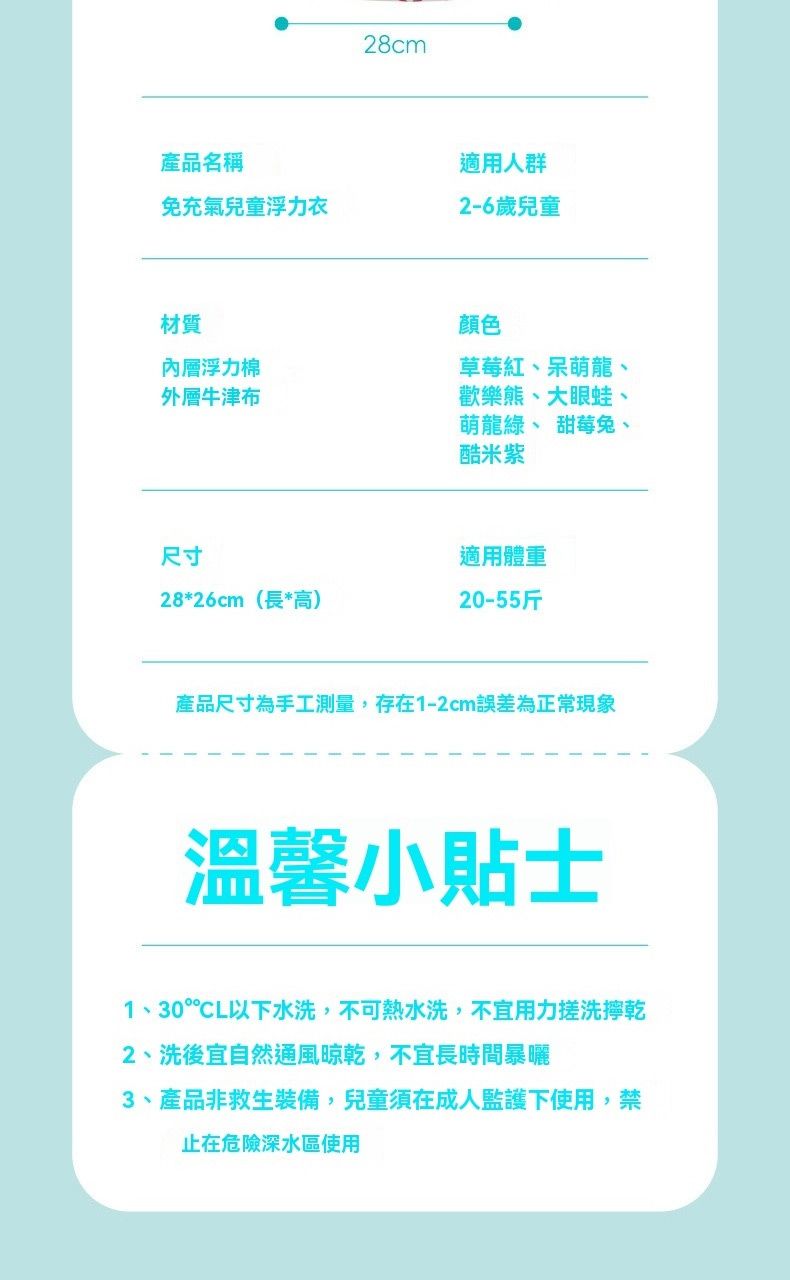 28cm產品名稱適用人群免充氣兒童浮力衣2-6歲兒童材質內層浮力棉外層牛津布顏色草莓紅、萌龍、歡樂熊、大眼蛙、萌龍綠、 甜莓兔、酷米紫尺寸適用體重28*26cm(長*高)20-55斤產品尺寸為手工測量,存在1-2cm誤差為正常現象溫馨小貼士1、30以下水洗,不可熱水洗,不宜用力搓洗擰乾2、洗後宜自然通風,不宜長時間暴曬3、產品非救生裝備,兒童須在成人監護下使用,禁止在危險深水區使用