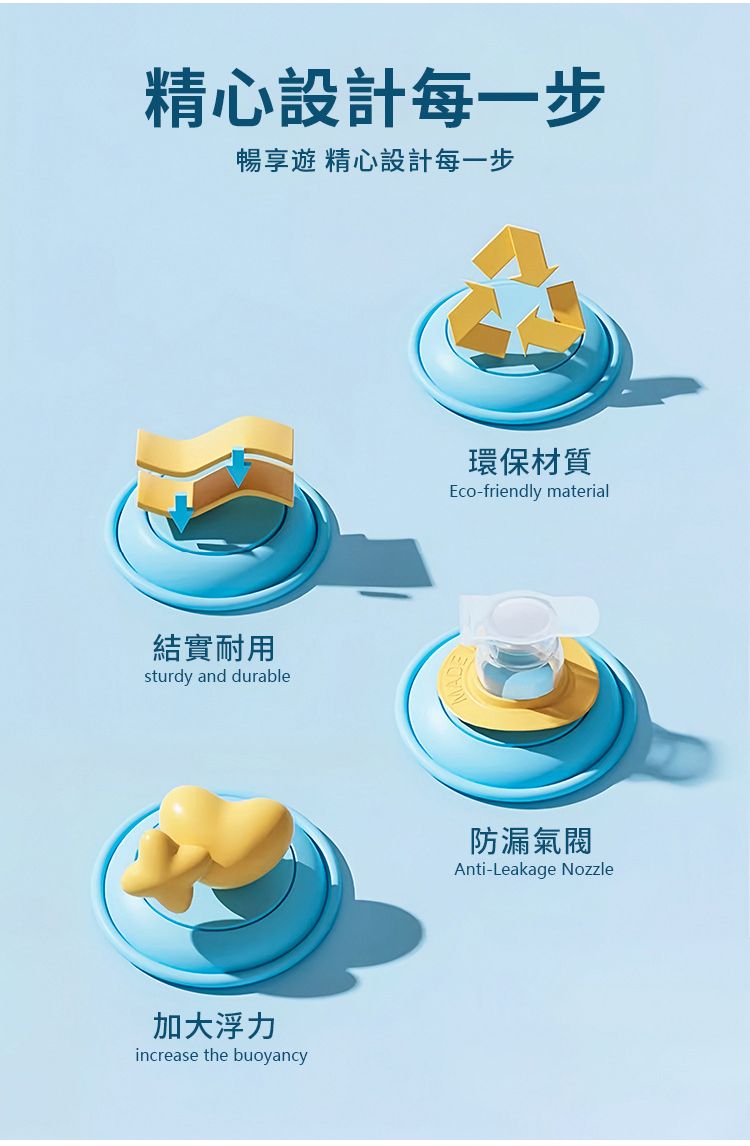 精心設計每一步暢享遊 精心設計每一步結實耐用sturdy and durable加大浮力increase the buoyancy環保材質Eco-friendly material防漏氣閥Anti-Leakage Nozzle