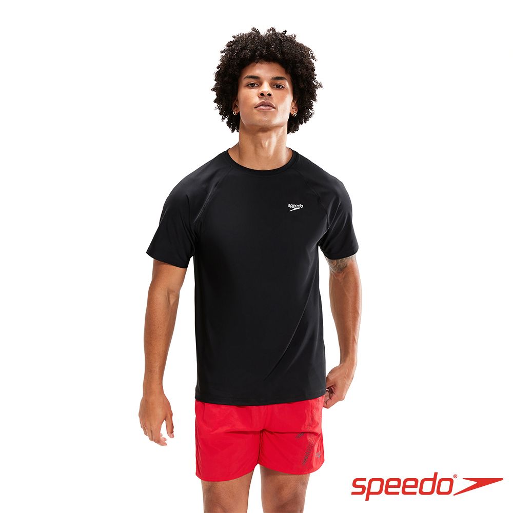 SPEEDO  男 LOGO短袖防曬衣 黑/白