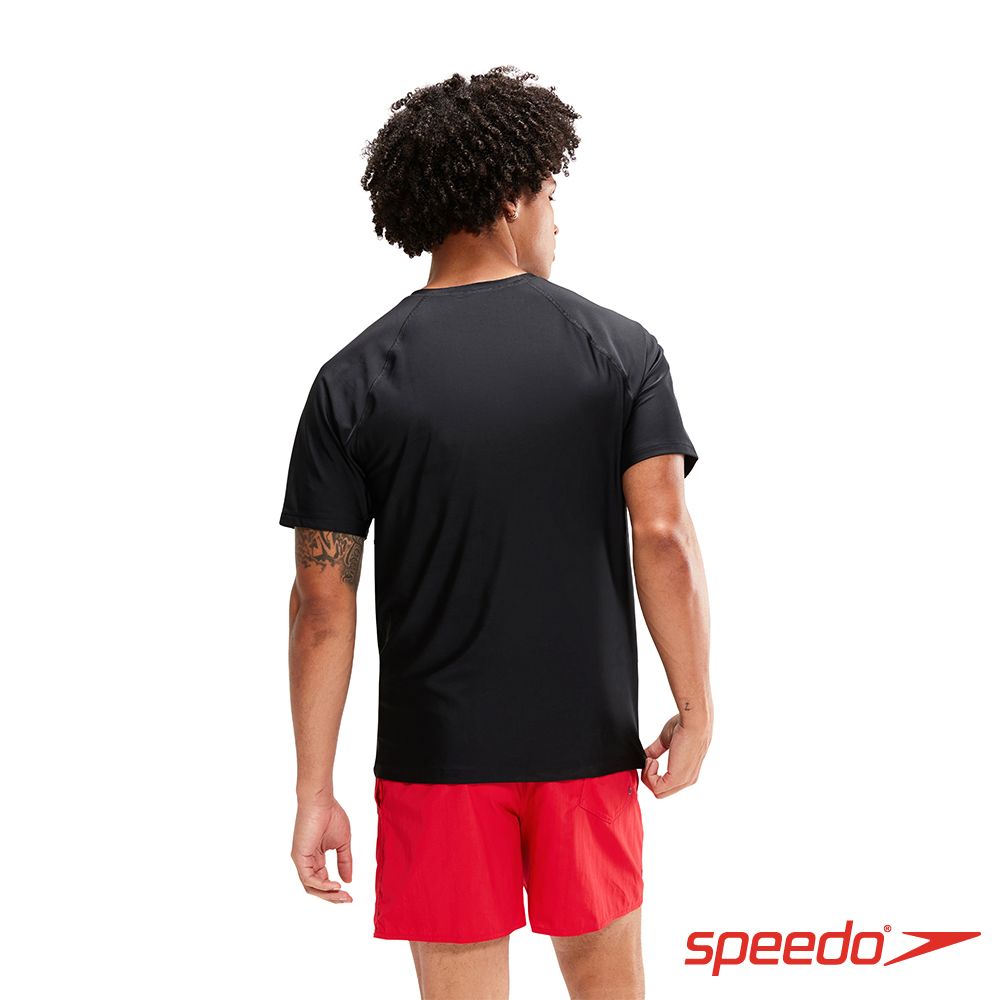 SPEEDO  男 LOGO短袖防曬衣 黑/白