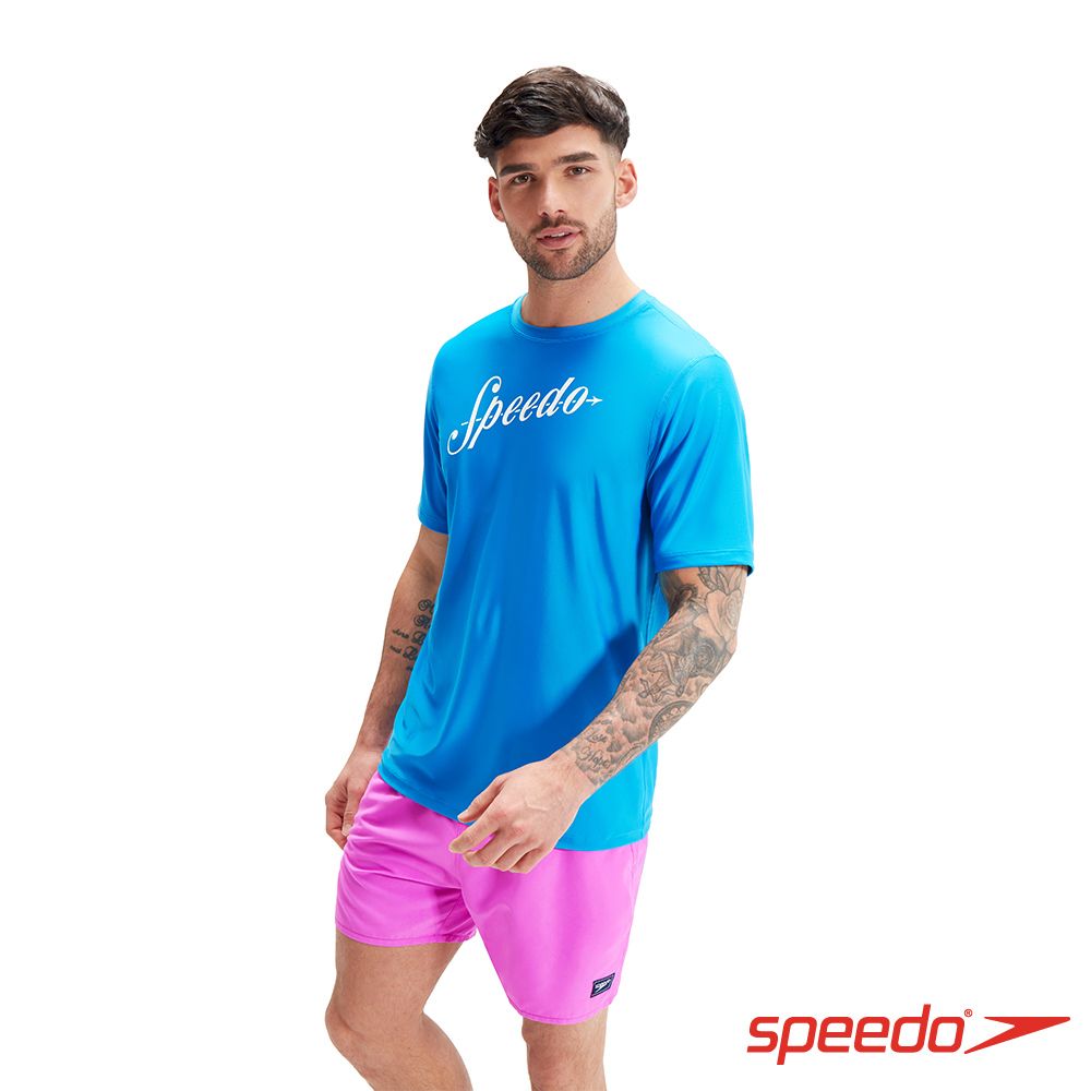 SPEEDO  男 LOGO短袖防曬衣 巴哈藍