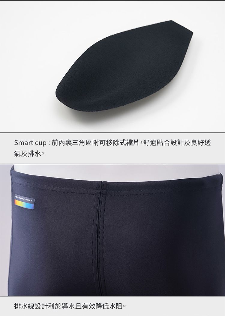 Smart cup: 三角區附可移除式片,舒適貼合設計及良好透氣及排水。排水線設計利於導水且有效降低水阻。