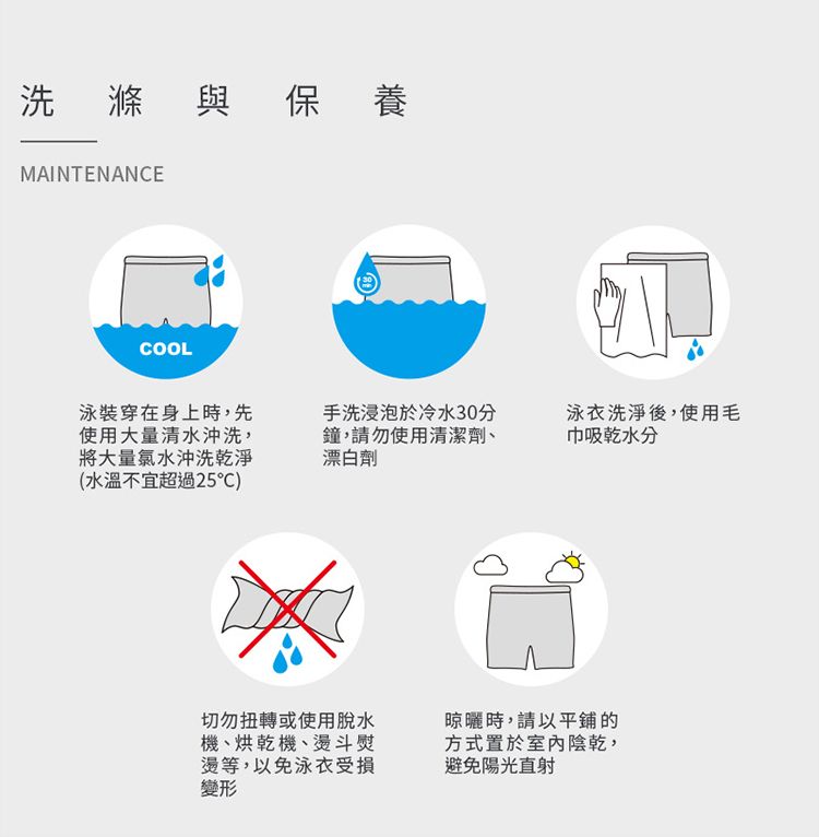 洗滌與保養MAINTENANCECOOL泳裝穿在身上時,先使用大量清水沖洗,將大量氯水沖洗乾淨(水溫不宜超過25)手洗浸泡於冷水30分鐘,請勿使用清潔劑、漂白劑泳衣洗淨後,使用毛巾吸乾水分切勿扭轉或使用脫水機、烘乾機、燙斗熨燙等,以免泳衣受損變形晾曬時,請以平鋪的方式置於室內陰乾,避免陽光直射