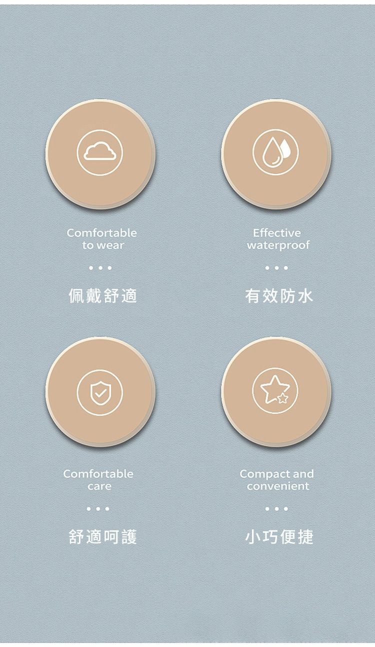 Comfortableto wear佩戴舒適Comfortablecare舒適呵護Effectivewaterproof有效防水Compact andconvenient小巧便捷