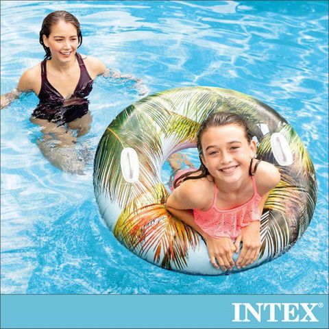 INTEX 熱帶風格雙握把充氣泳圈-直徑97cm-3種款式可選_適9歲以上(58263)