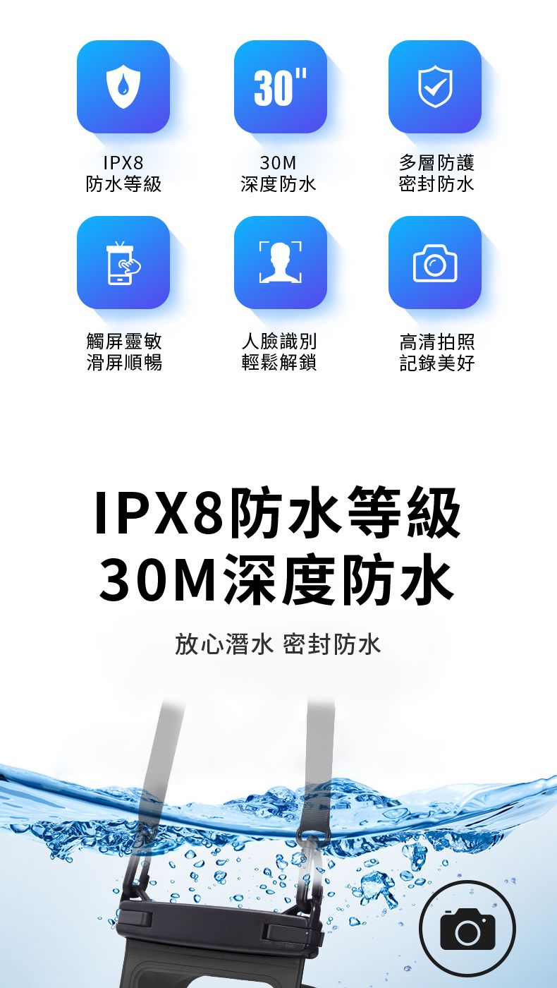 IPX83030M多層防護防水等級深度防水密封防水觸靈敏人臉識別高清拍照滑屏順暢輕鬆解鎖記錄美好IPX8防水等級30M深度防水放心潛水 密封防水
