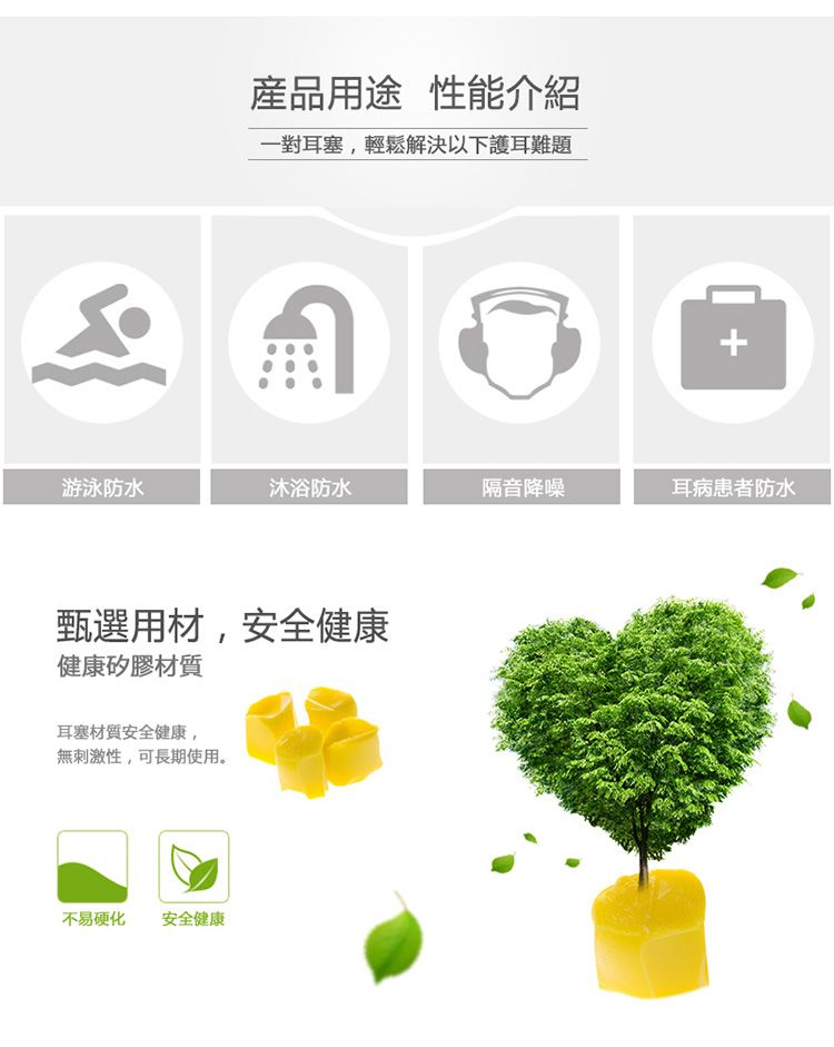產品用途 性能介紹一對耳塞輕鬆解決以下護耳難題 +游泳防水沐浴防水隔音降噪耳病患者防水甄選用材,安全健康健康矽膠材質耳塞材質安全健康,無刺激性,可長期使用。不易硬化 安全健康