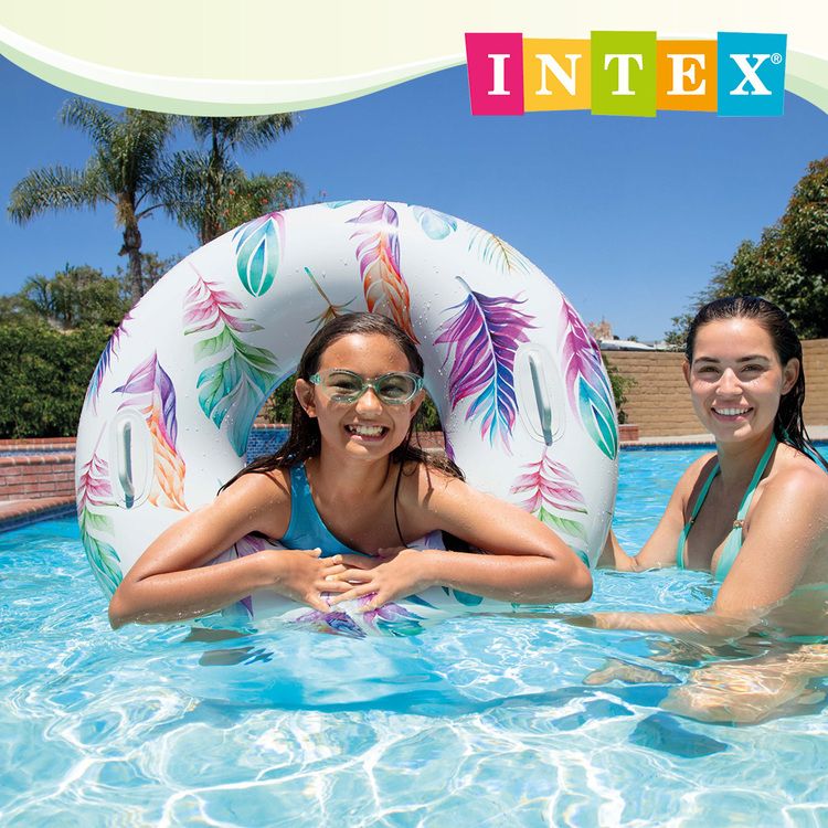 INTEX  熱帶風格雙握把充氣泳圈-直徑97cm 3款可選 適9歲以上(58263)