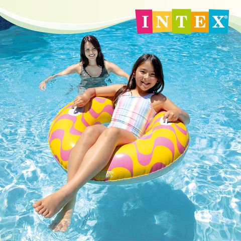 【INTEX】波浪紋游泳圈帶雙握把-直徑91cm(59256NP)-2款可選-適用9歲+