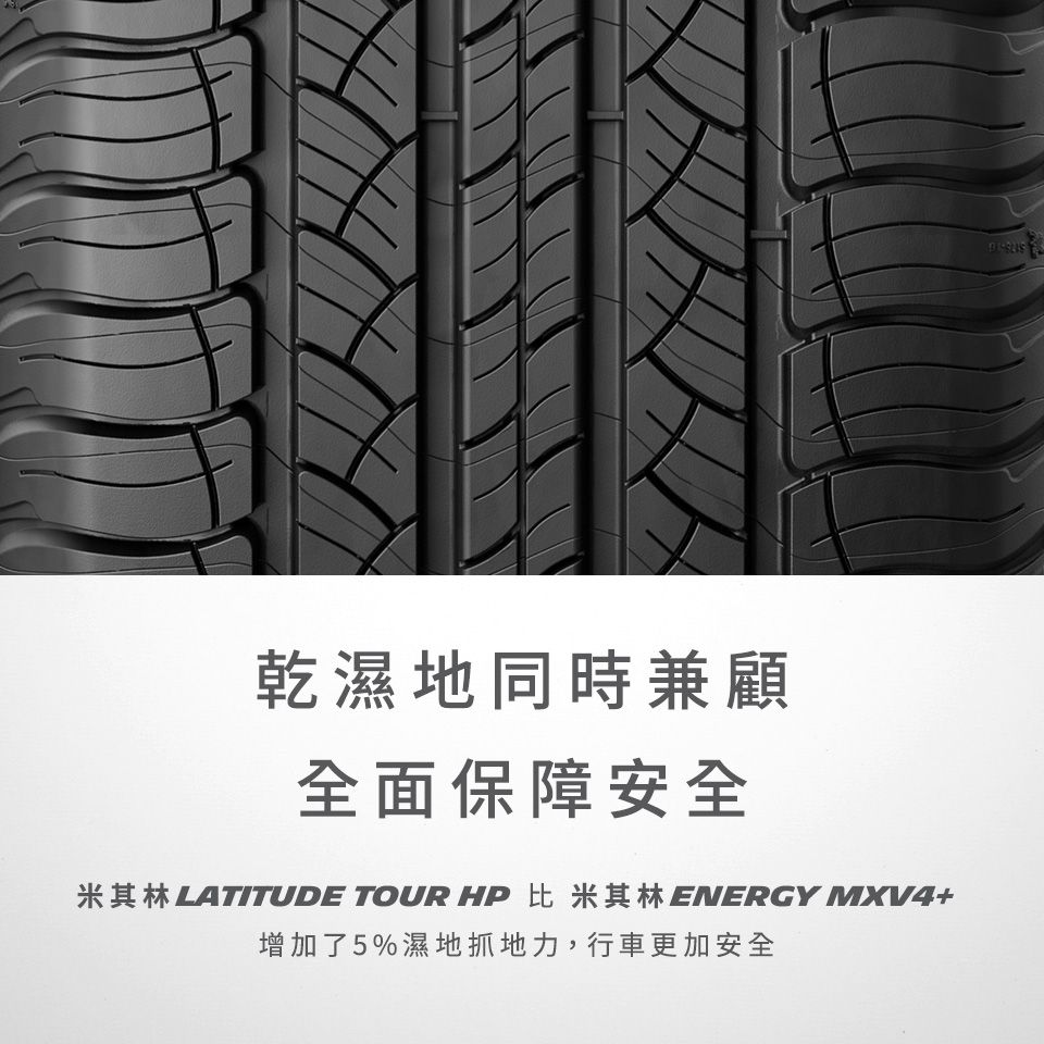 乾濕地同時兼顧全面保障安全 LATITUDE TOUR HP 比 米其林 ENERGY MXV4+增加了5%濕地抓地力,行車更加安全