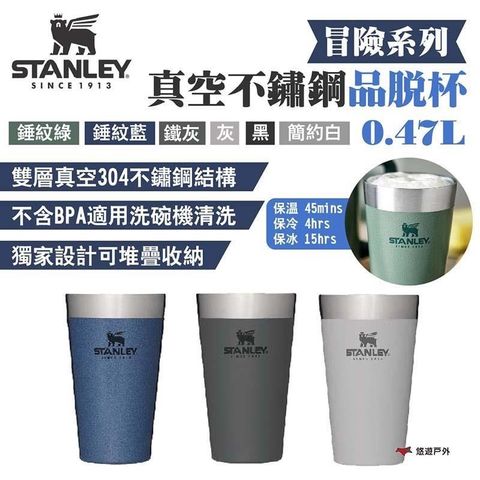 【南紡購物中心】 【STANLEY】冒險系列真空不鏽鋼品脫杯0.47L 簡約白/錘紋綠