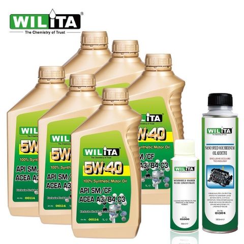 WILITA 威力特 【南紡購物中心】5W40 全合成機油 6入組(加送機油精+濃縮雨刷精)