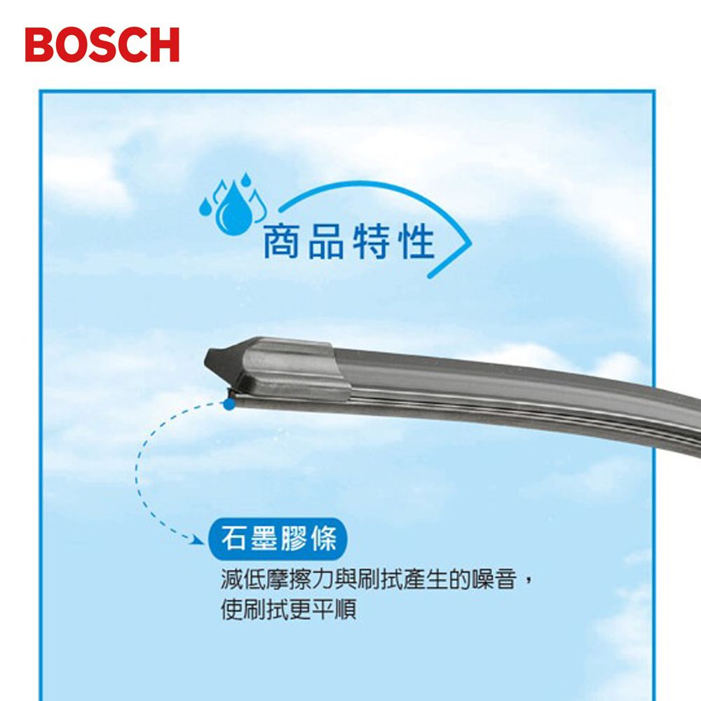 BOSCH商品特性石墨膠條減低摩擦力與刷拭產生的噪音,使刷拭更平順