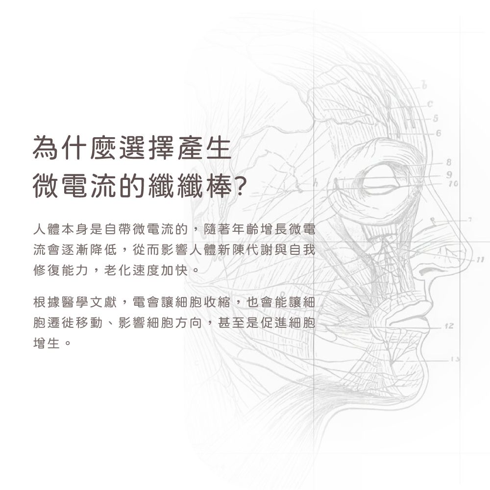 為什麼選擇產生微電流的纖纖棒?人體本身是自帶微電流的,隨著年齡增長微電流會逐漸,從而影響人體新陳代謝與自我修復能力,老化速度加快。根據醫學文獻,電會讓細胞收縮,也會能讓細胞遷徙移動、影響細胞方向,甚至是細胞增生。689701213