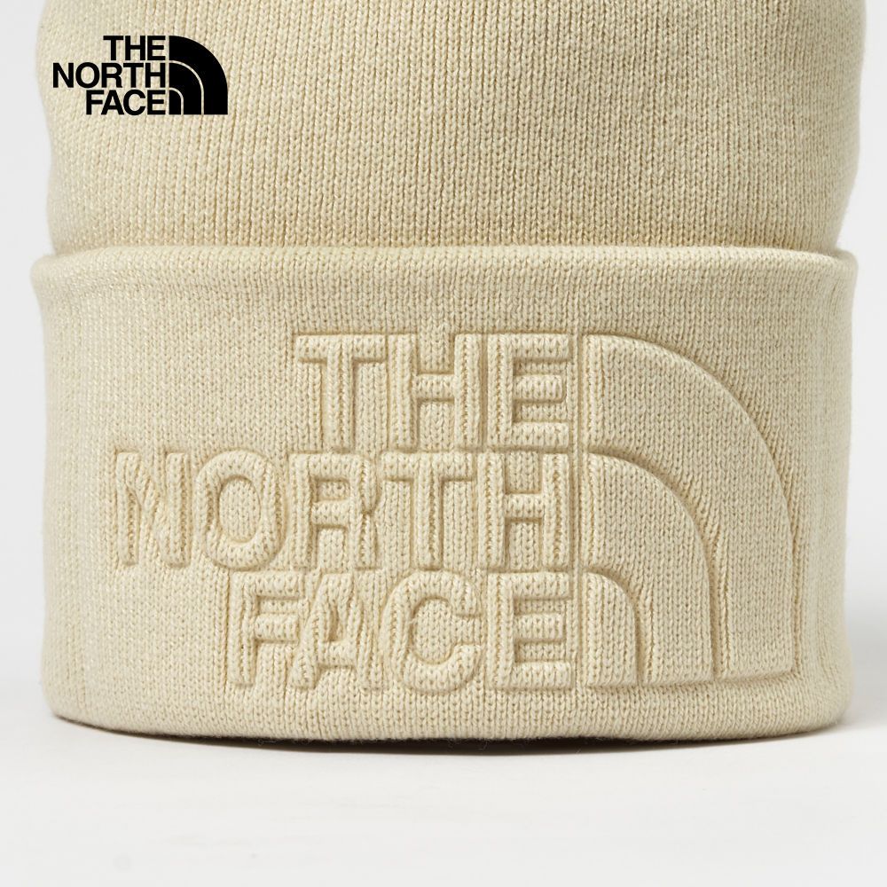 The North Face 北面 男女款米色舒適保暖針織大尺寸LOGO壓花設計毛帽｜7WJH3X4