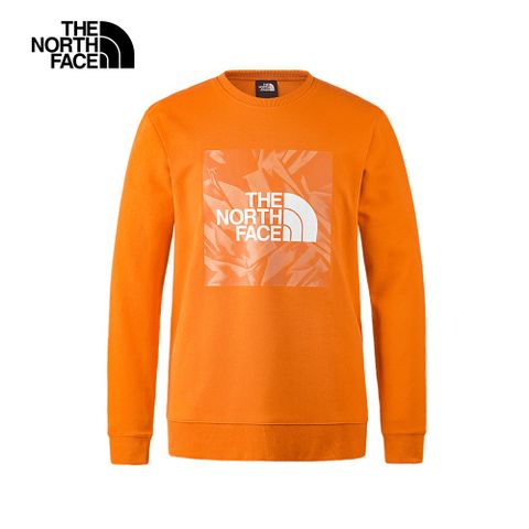 The North Face北面男款橘色舒適透氣大尺寸LOGO印花休閒長袖大學T｜88FTPCO