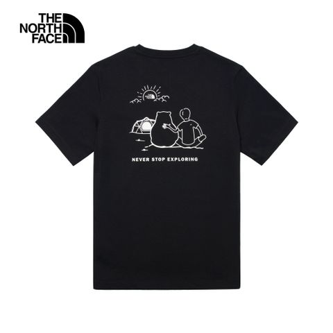 The North Face北面男女款黑色背部趣味品牌LOGO印花休閒短袖T恤｜8AUVJK3