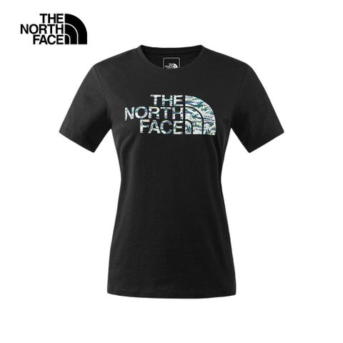 The North Face北面女款黑色吸濕排汗山川手繪圖案休閒短袖T恤｜88GZJK3