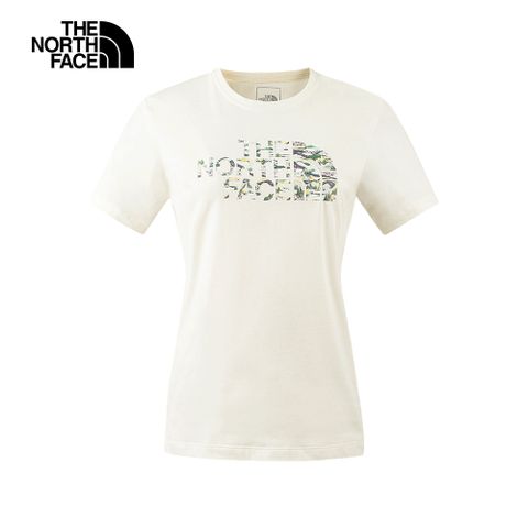 The North Face北面女款米色吸濕排汗山川手繪圖案休閒短袖T恤｜88GZQLI