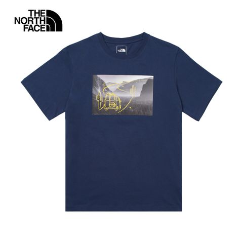 The North Face北面男款藍色純棉手繪露營車印花寬鬆短袖T恤｜88GG8K2