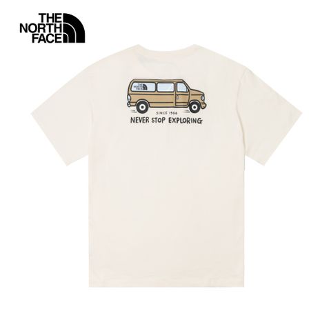 The North Face北面男女款米白色純棉胸前趣味露營車印花寬鬆短袖T恤｜88GHQLI