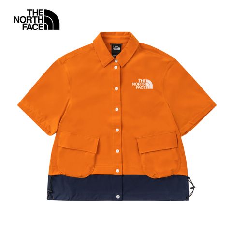The North Face北面UE女款橘藍拼接防潑水短袖襯衫｜886GPCO