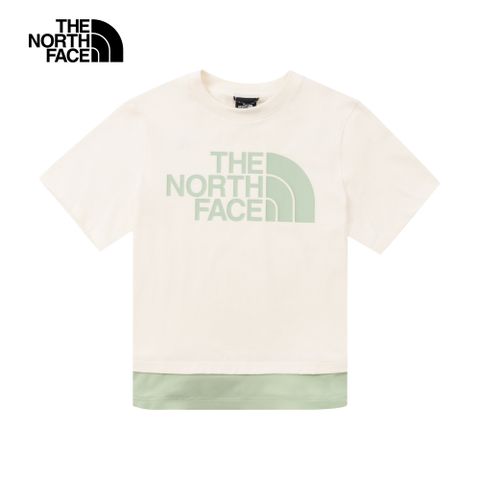 The North Face北面UE女款米綠拼接大尺寸品牌LOGO短袖T恤｜886HQLI