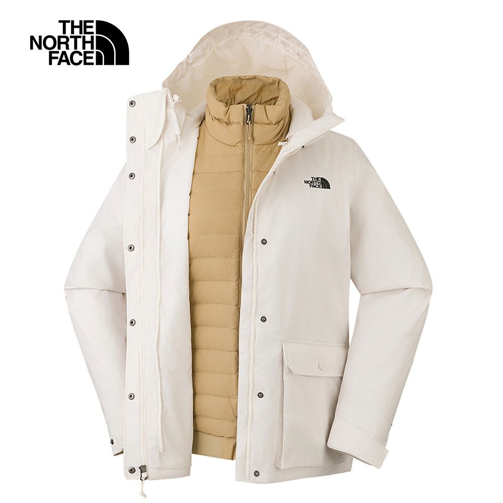 The North Face 北面 女款白色防水透氣保暖連帽羽絨內裡三合一外套|88RWROR