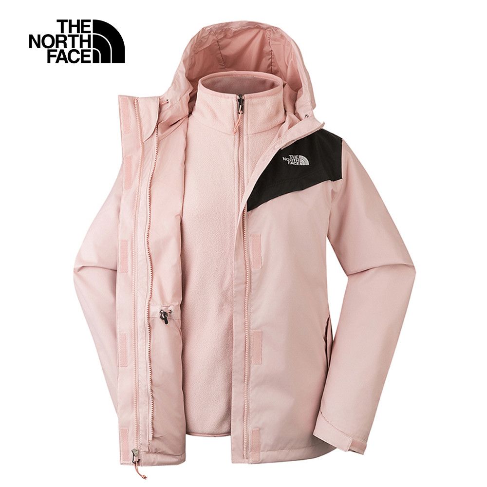 The North Face 北面 女款粉紅色防水透氣保暖連帽抓絨內裡三合一外套|88RYHZI