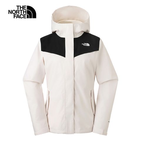 The North Face 北面 女款米白色防水透氣保暖連帽抓絨內裡三合一外套|88RYROU