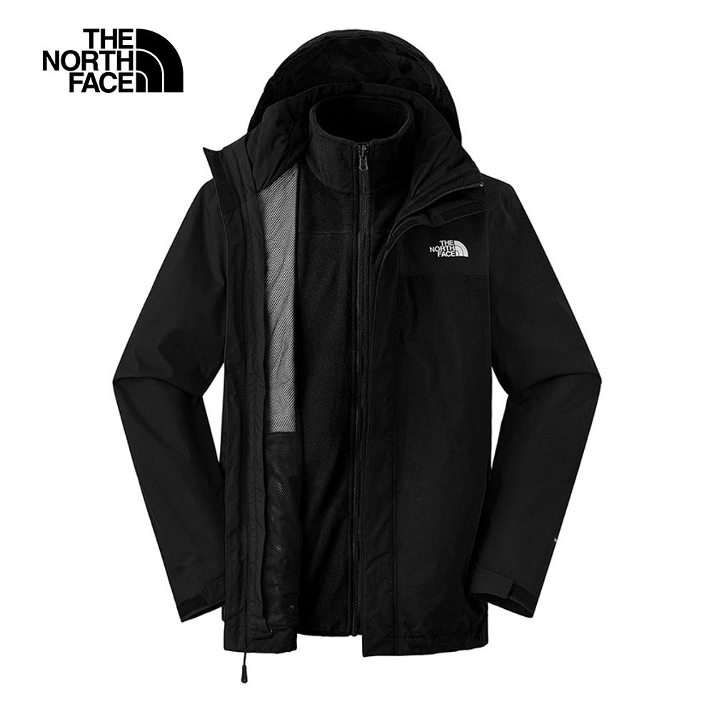 The North Face 北面 男款黑色防水透氣可調節可收納連帽抓絨內裡三合一外套|8DNJKX7