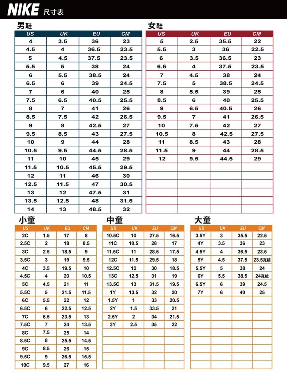 NIKE 尺寸表男鞋女鞋USUKEUCMUSUKEUCM4362352.53224.5436.523.55.533622.55.56.574.537.523.563.536.538246.5437.55.532474.5383924.57.5536402585.53923.52424.5257.56.540.525.58.564025.587412696.540.5268.57.54226.574126.59842.527107.542279.58.54327.510.5842.527.51094428118.5432810.59.544.528.5194428.511104529129.544.529110.545.529.51211463012.511.54730.513131247.53113.512.54831.5141348.532小童中童大童USUKEUCMUSUKEUCMUSUKEUCM2C1.517810.1027.516.53.5Y2.5C2188.511C10.528174Y2.518.5911.5C1128.517.54.5Y3.5C3199.512C11.529.5185Y4C3.519.51012.5C123018.55.5Y4.5C42010.513C12.531196Y5C4.5211113.5C1331.519.56.5Y5.5C521.511.51Y13.5322035.522.5362336.523.537.5 23.538245.538.5243924.540256C5.522121.5Y13320.56.5C622.512.52Y1.533.5217C6.523.5132.5Y23421.57.5C72413.53Y2.535227.525148.5C825.514.59C8.5269.5C926.515.510C9.5271516