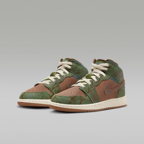 NIKE 耐吉 AIR JORDAN 1 MID SS (GS) 中大童鞋 籃球鞋 女鞋 綠/咖啡色-FQ8101200