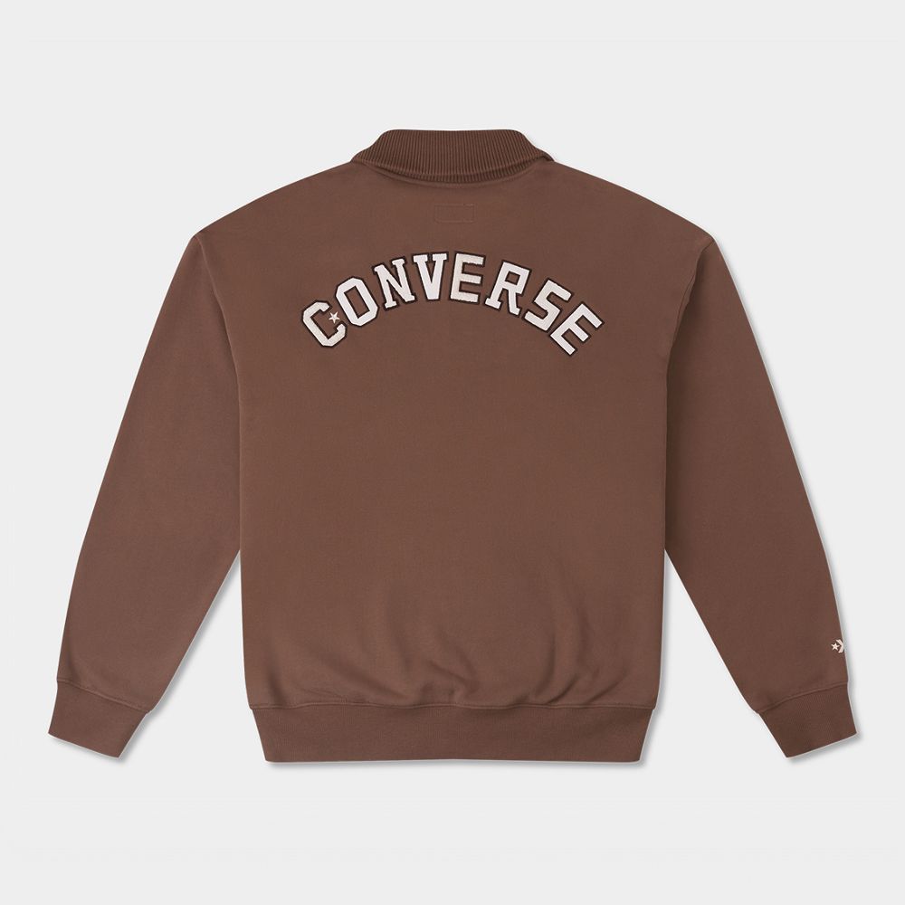 CONVERSE】ESSENTIAL SWEATSHIRT 長袖上衣拉鏈半高領男女咖啡色_